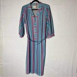 Vintage D’Allairds Turquoise & Pink Striped Midi Dress With Belt XL